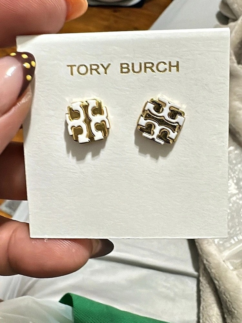 Tory Burch Icon Enamel Stud Earrings Gold & White Stud Earrings